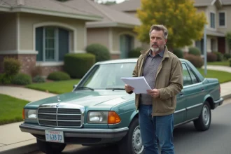 Homme d'âge moyen avec documents d'assurance à côté d'une voiture