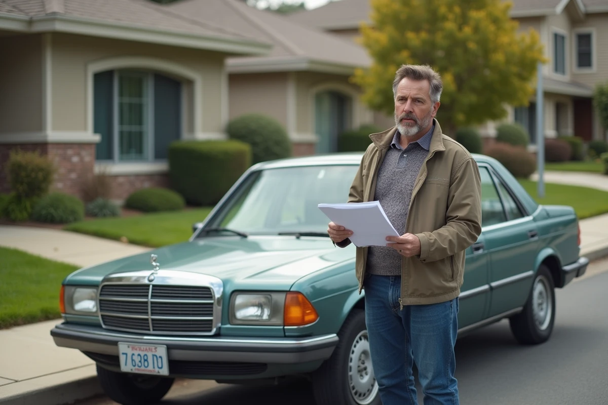 Homme d'âge moyen avec documents d'assurance à côté d'une voiture