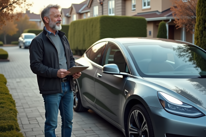 Homme souriant près d'une voiture électrique dans un quartier résidentiel