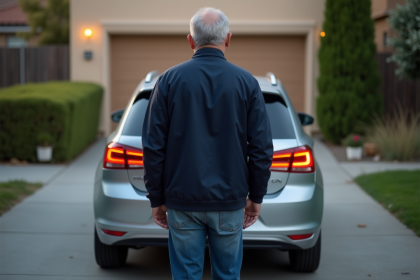 Homme d'âge moyen vérifiant la voiture dans sa cour