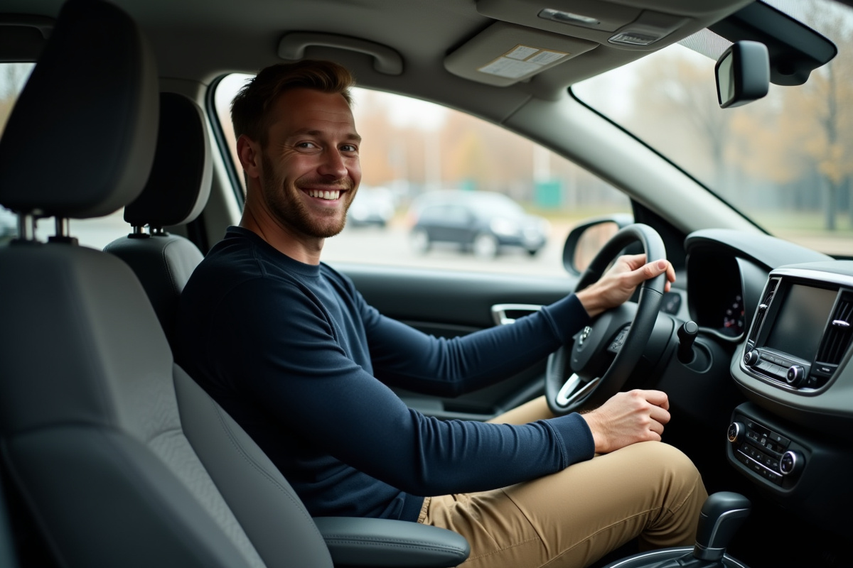 Homme souriant dans une petite voiture en ville à l