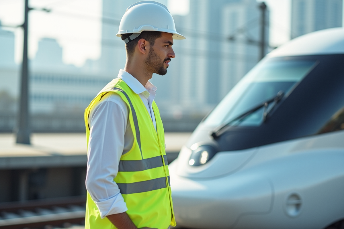 Ingenieur devant train futuriste à la gare moderne