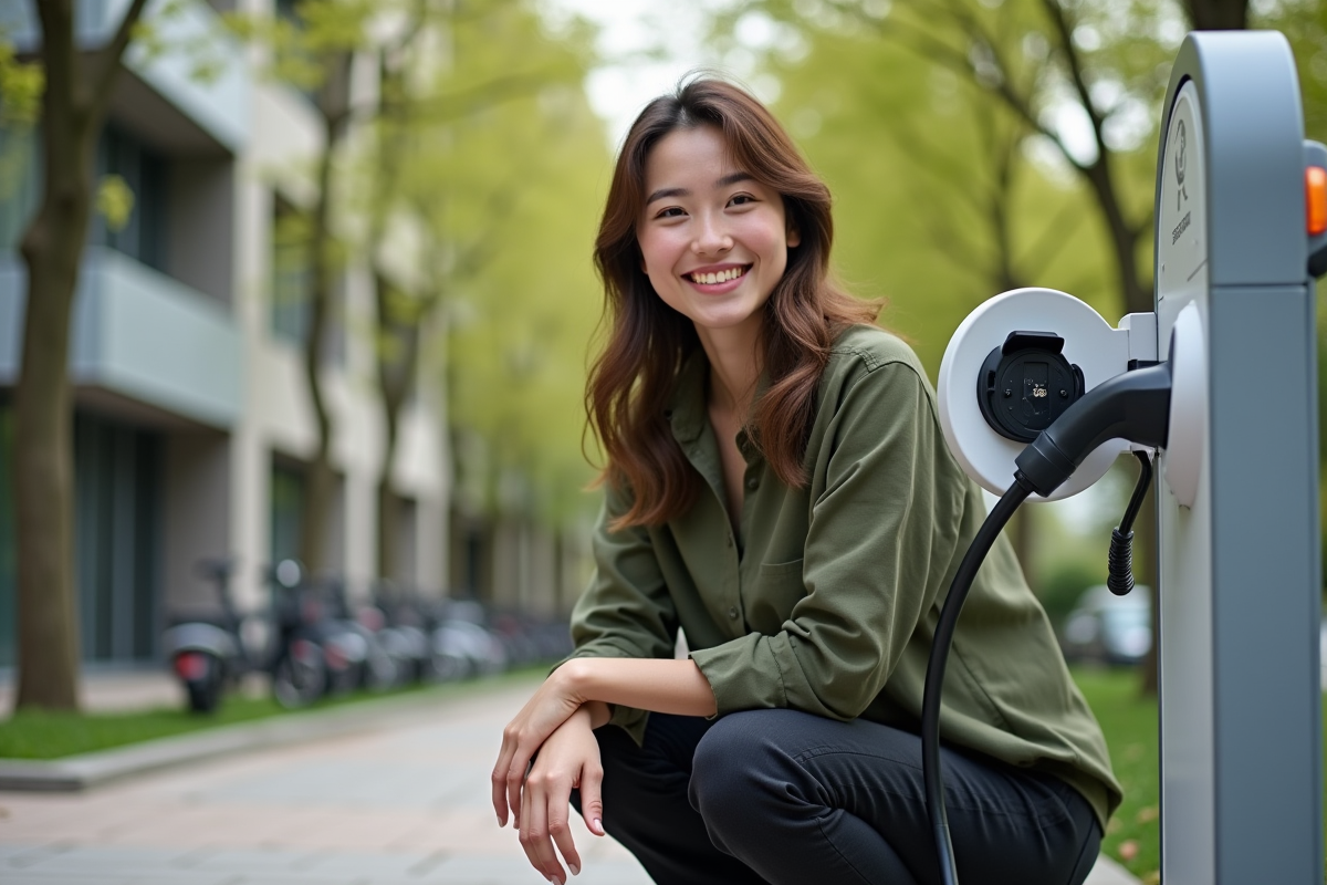 Jeune femme chargeant une voiture électrique dans un parc urbain