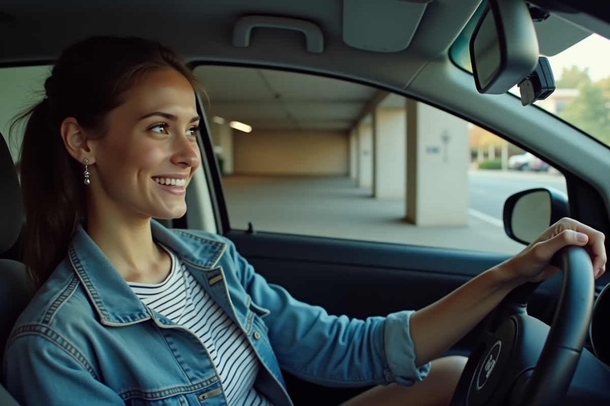 Jeune femme souriante dans une voiture compacte