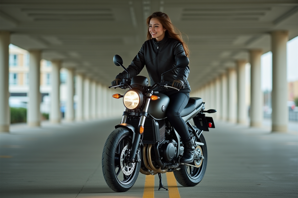 Jeune femme en veste moto sur une petite moto en parking intérieur