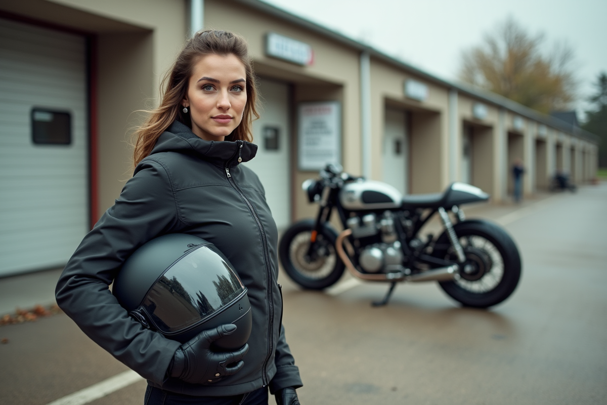 Jeune femme motarde près de sa moto café racer en suburbain