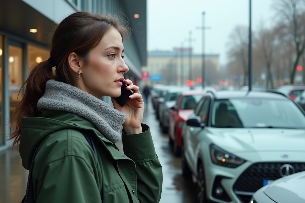 Jeune femme parlant au téléphone dans un parking urbain