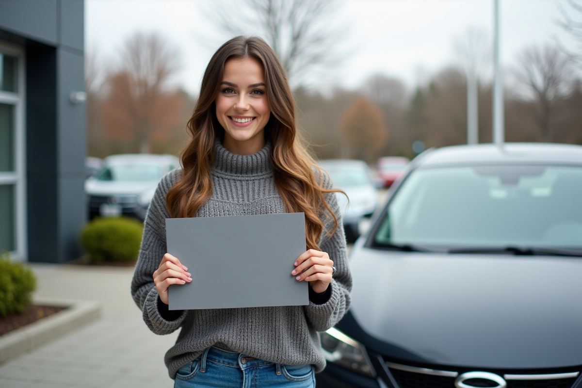 Jeune femme souriante avec un document de registration devant une voiture