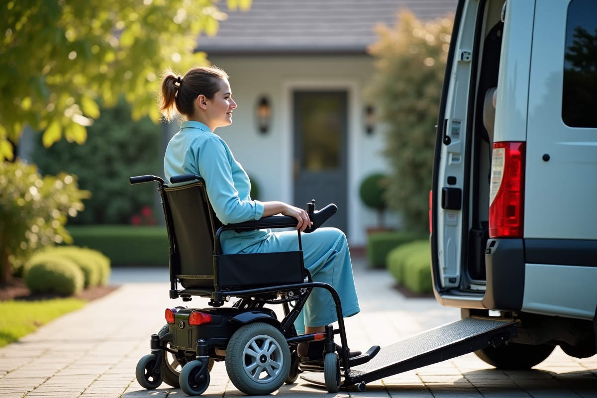 Jeune femme en fauteuil électrique approchant un van accessible