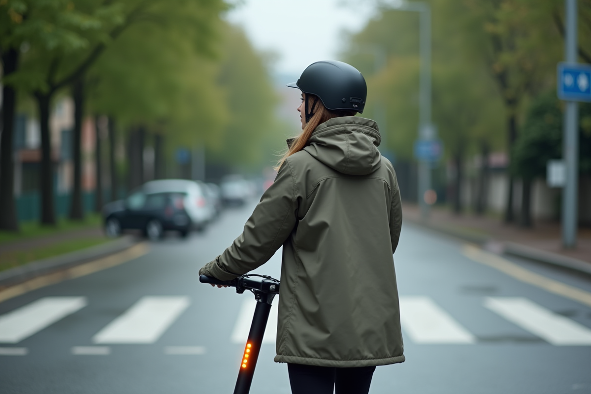 Jeune femme à scooter en zone résidentielle avec indicateur allumé