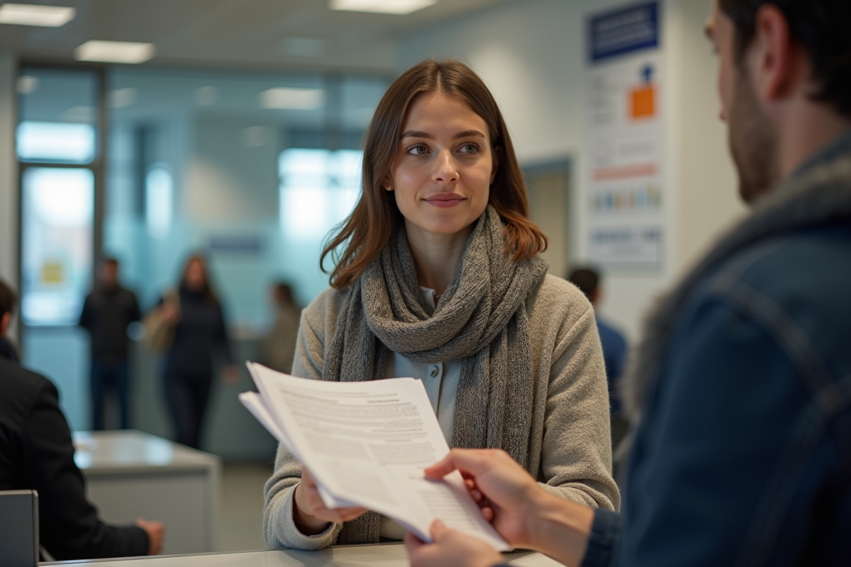 Jeune femme française remet un dossier à un agent à la mairie