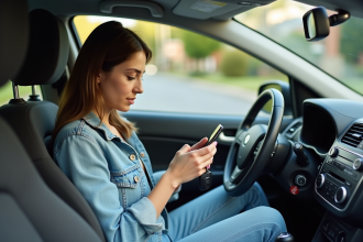 Jeune femme en denim dans sa voiture vérifiant son smartphone