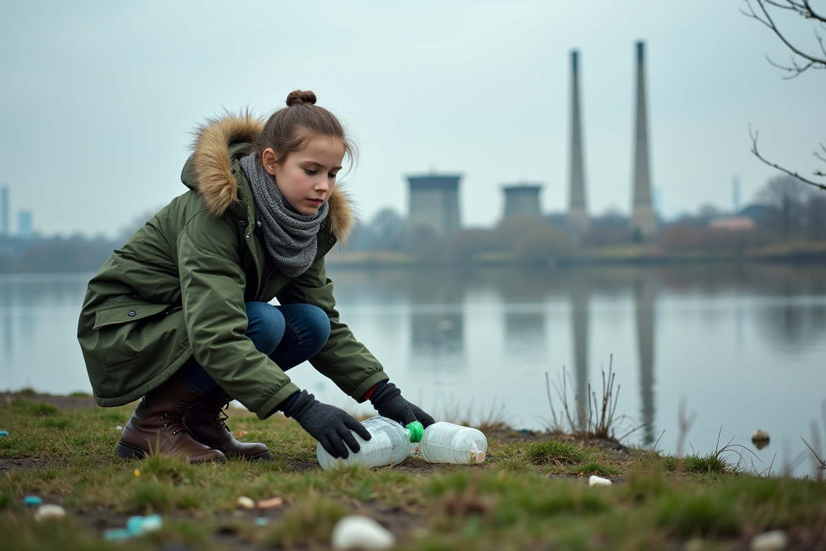 Jeune fille ramassant des bouteilles en plastique dans une rivière