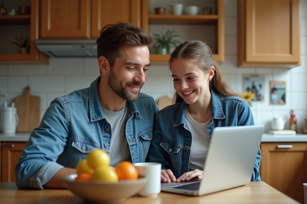 Jeune femme et père regardant ordinateur dans la cuisine