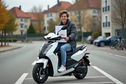 Adolescent fran&ccedil;ais avec certificat sur un scooter &eacute;lectrique
