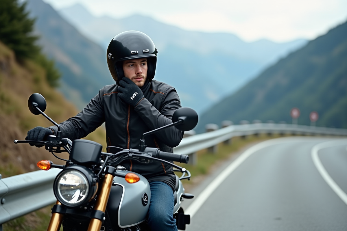 Jeune homme en moto sur route de montagne avec paysage alpin