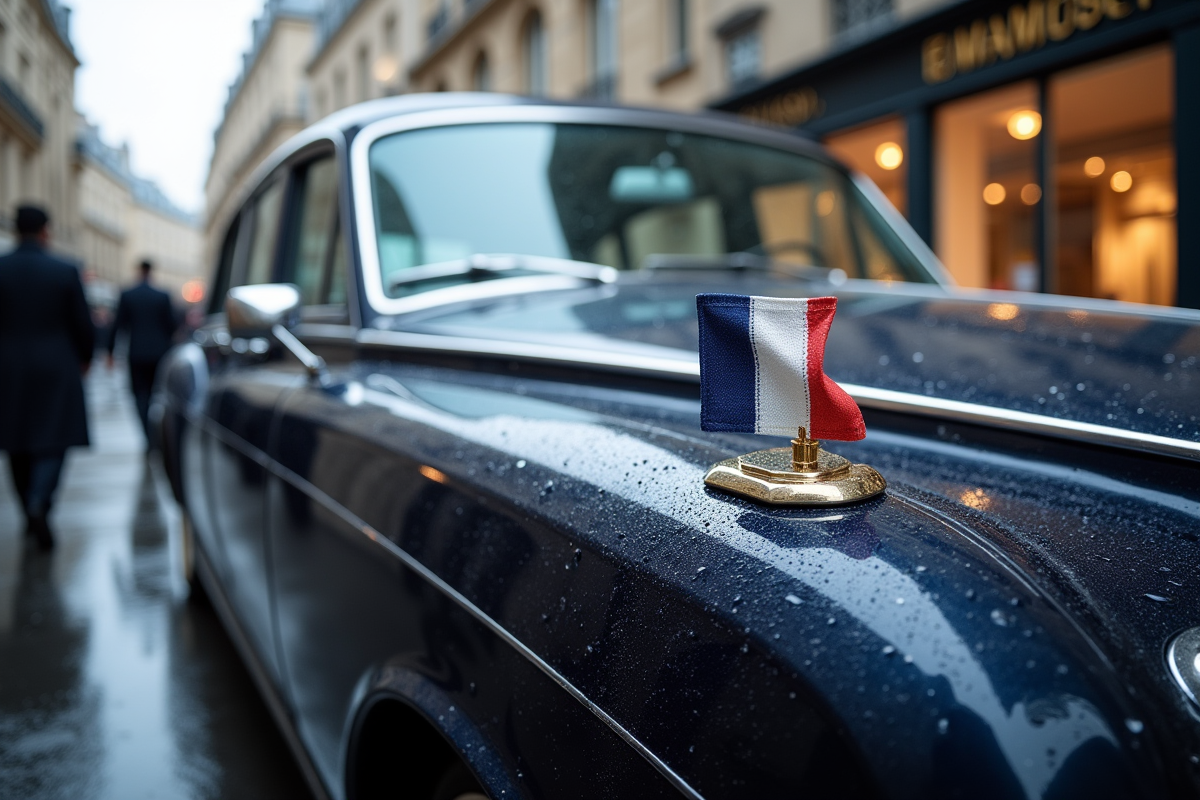 Voiture de luxe bleue foncée garée sous la pluie à Paris