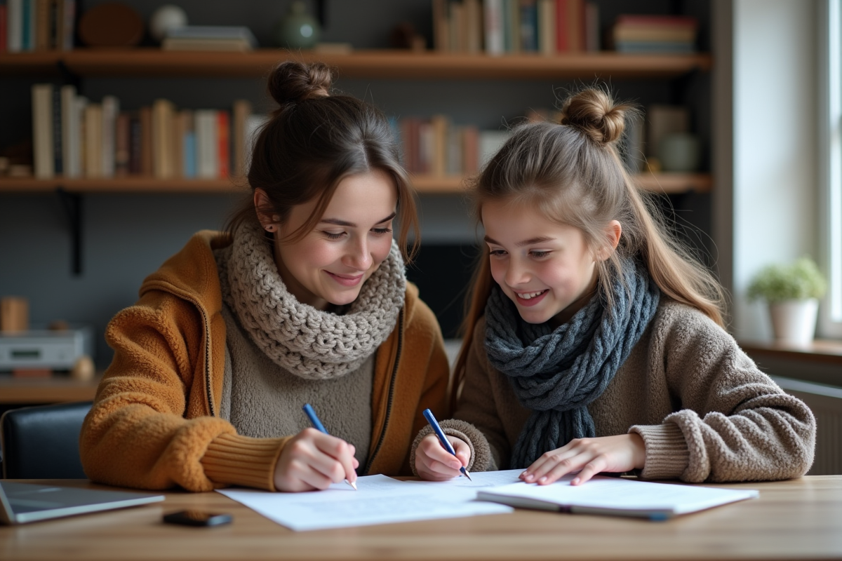 Maman et fille remplissant des formulaires d