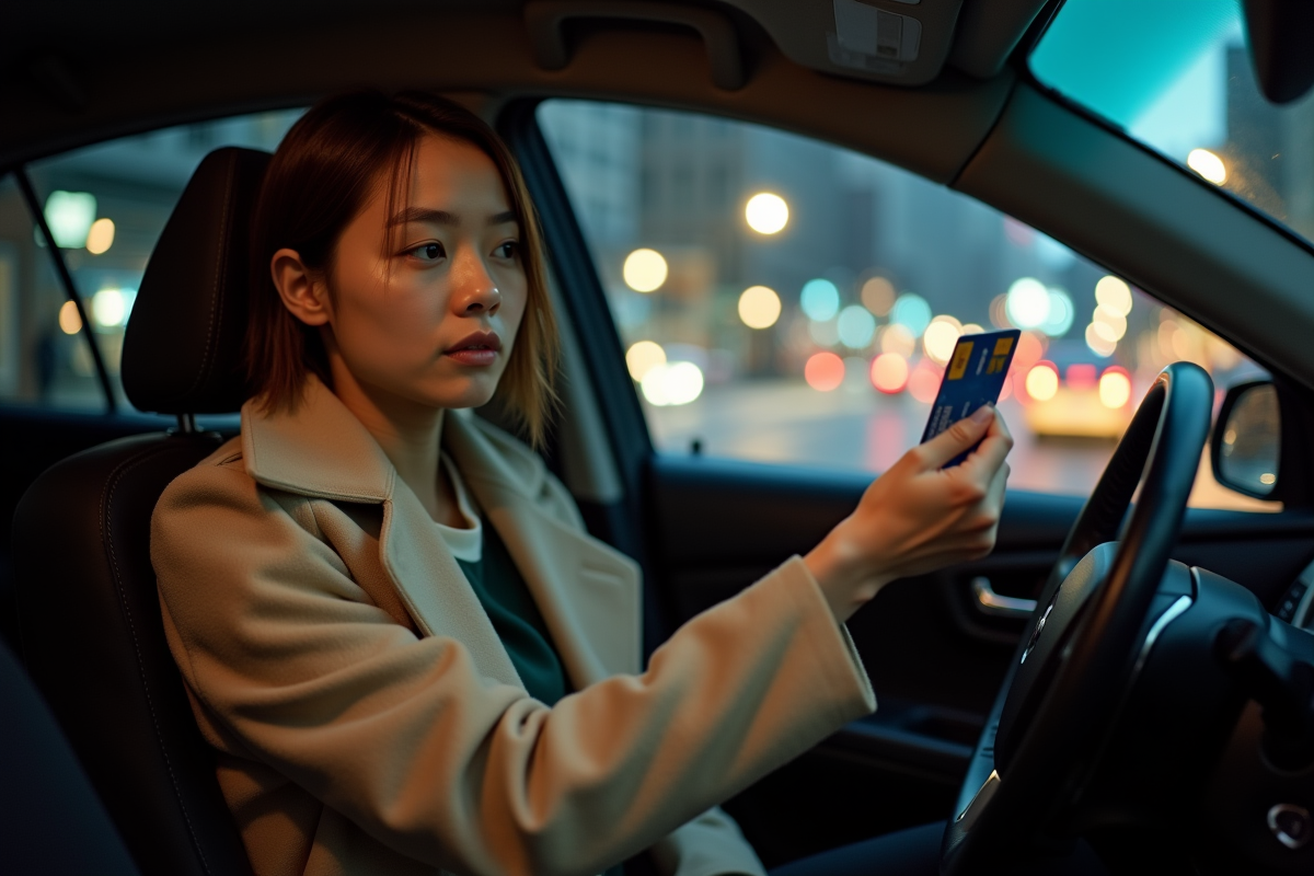 Passagere jeune femme tenant une carte bancaire dans le taxi