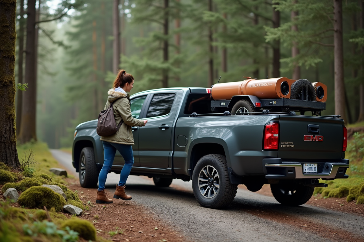 Femme fixant une remorque utilitaire à un camion en nature