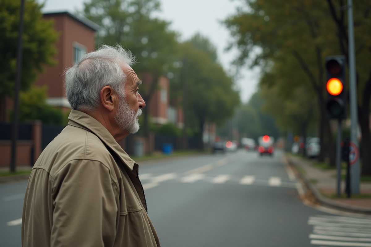 Homme âgé regardant un feu orange dans un quartier résidentiel