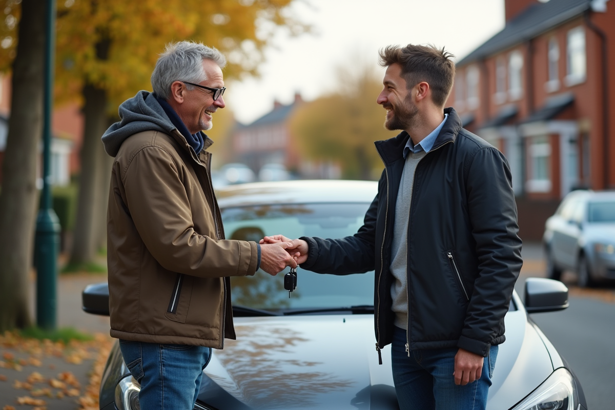 Homme donnant des clés de voiture à un jeune devant une voiture