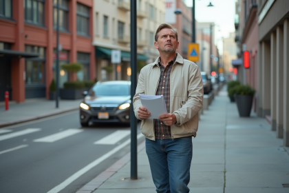 Homme d'âge moyen devant une voiture remorquée en ville
